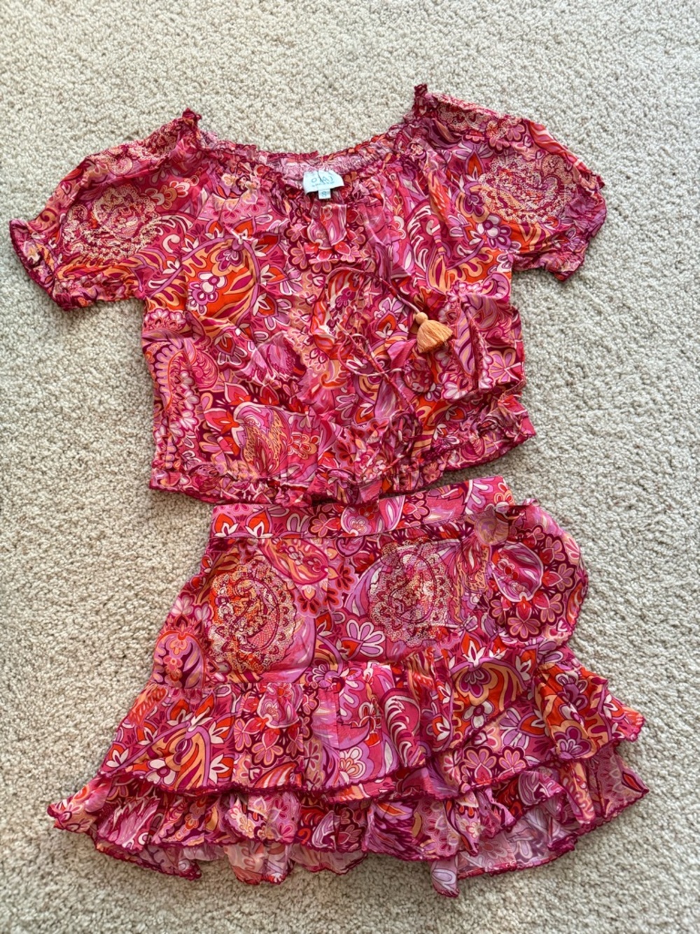 TAJ BY SABRINA Two-Piece Pink Paisley Crop Top & Ruffle Mini Skirt